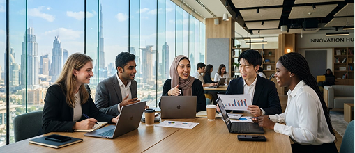 Students collaborating in a global business hub